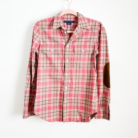 Ralph Lauren Red Green Plaid Button Down Shirt w Brown Suede Elbow Patches sz 8 - Picture 1 of 4
